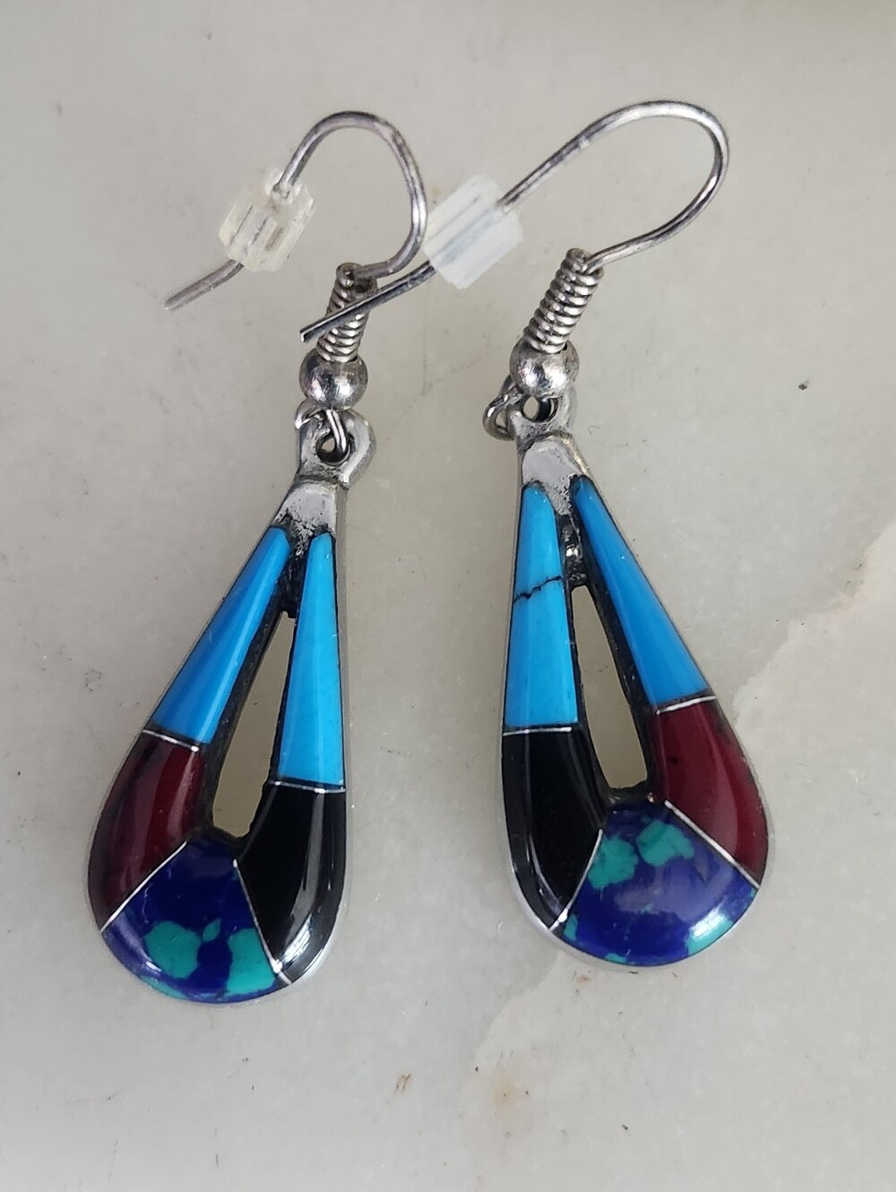 Native American Turquoise Inlay Teardrop Earrings - Blue & Maroon